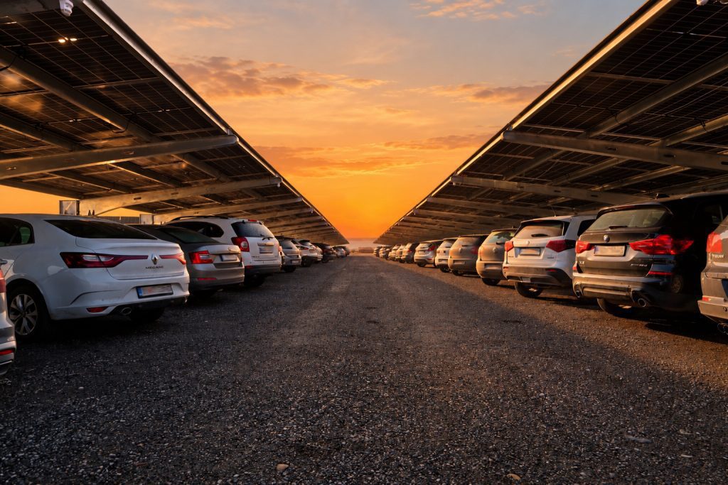 Covered parking at sunset